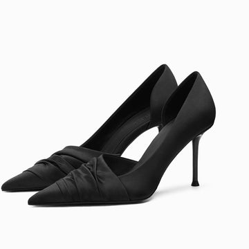 Seduction Styles Genuine Leather Black Satin Cloth Side-Empty High Heels