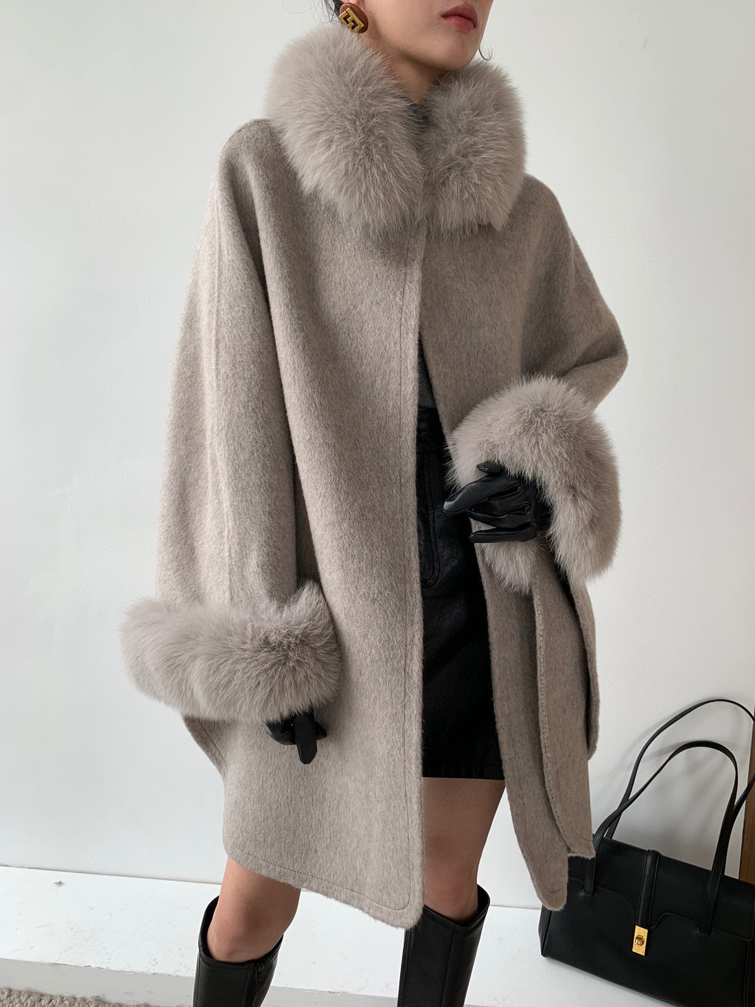 Seduction Styles Cape with Real Fox Fur Collar and Cashmere Wavy Coat