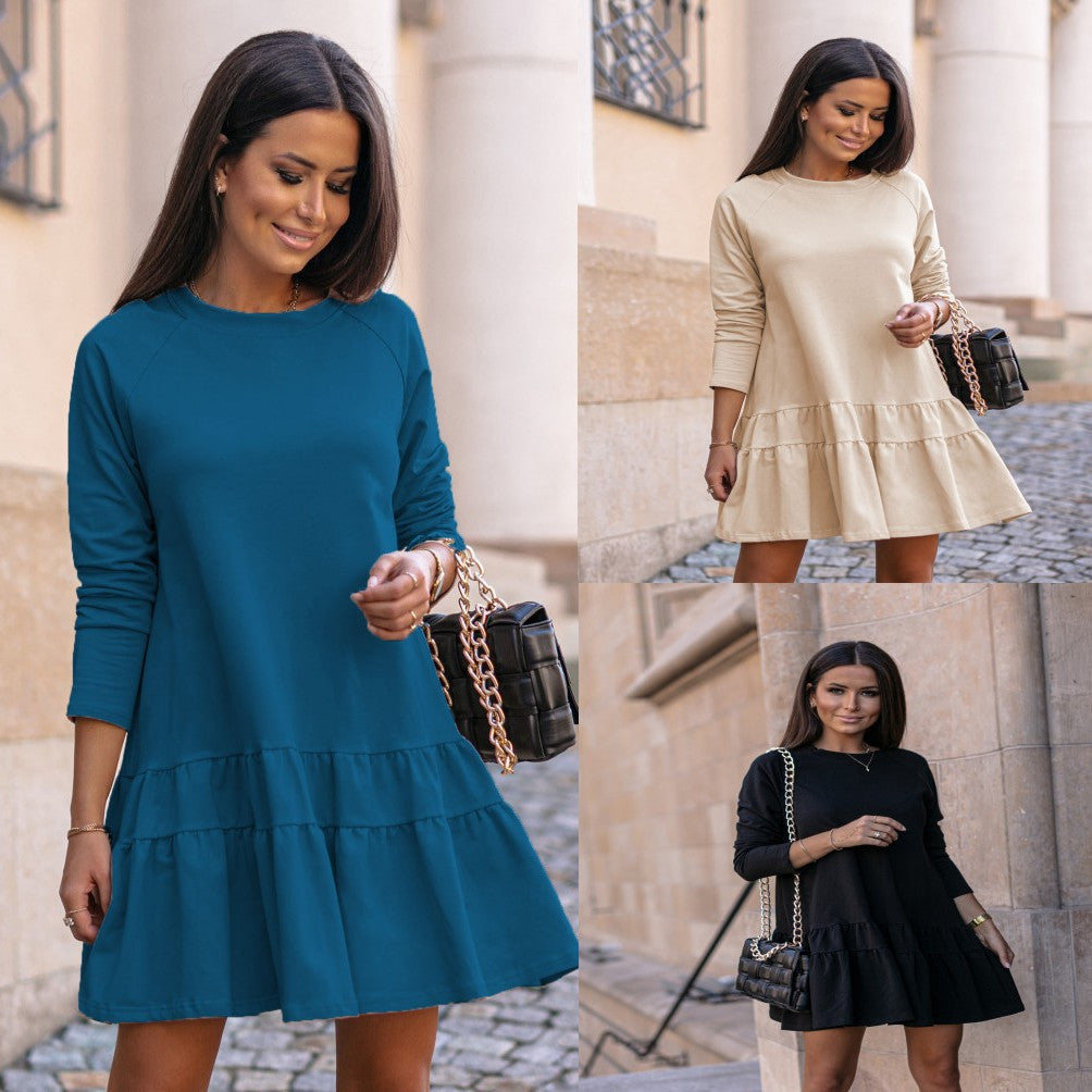 Long Sleeve Home Loose Round Neck Ruffle Ladies Dress