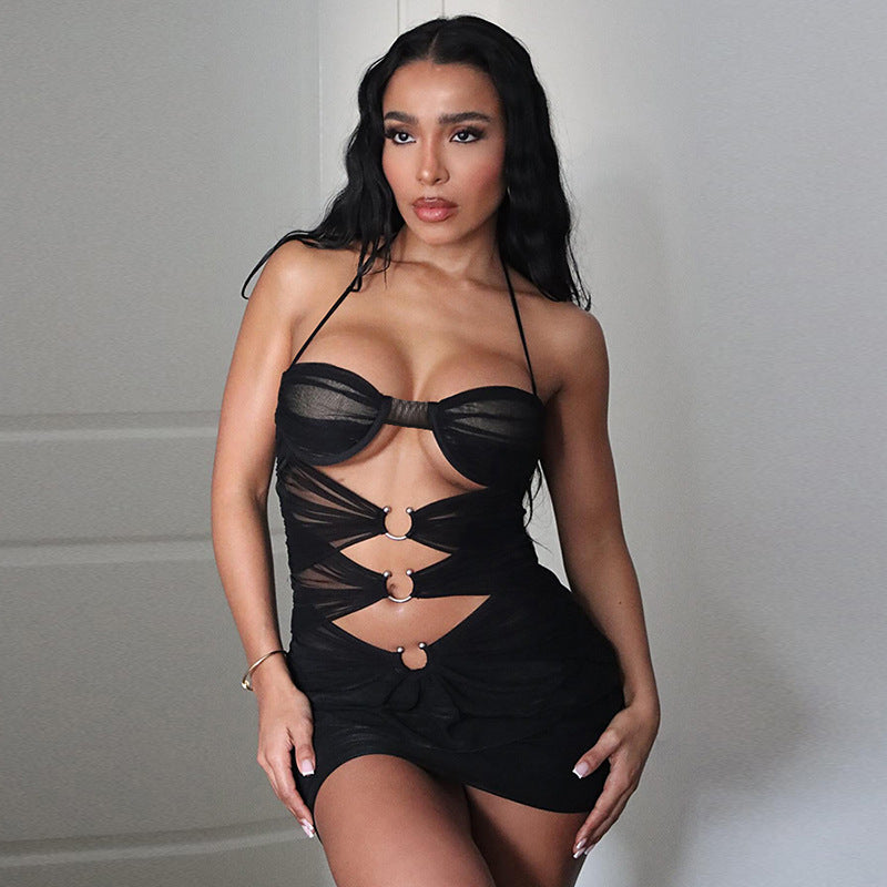 European And American Sexy Hot Girl Mesh See-through Ripped Halter Lace-up Slim Fit Sheath Dress