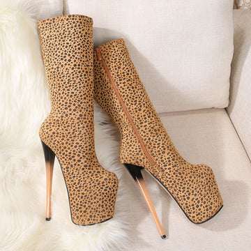 Seduction Styles Genuine Leather Leopard Print Zipper Stiletto High Heel Boots