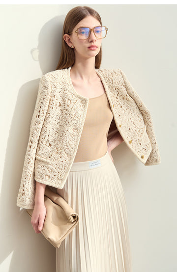 Seduction Styles Women's Round Neck Crocheted Texture Jacket with Loose Fit and Padded Shoulders