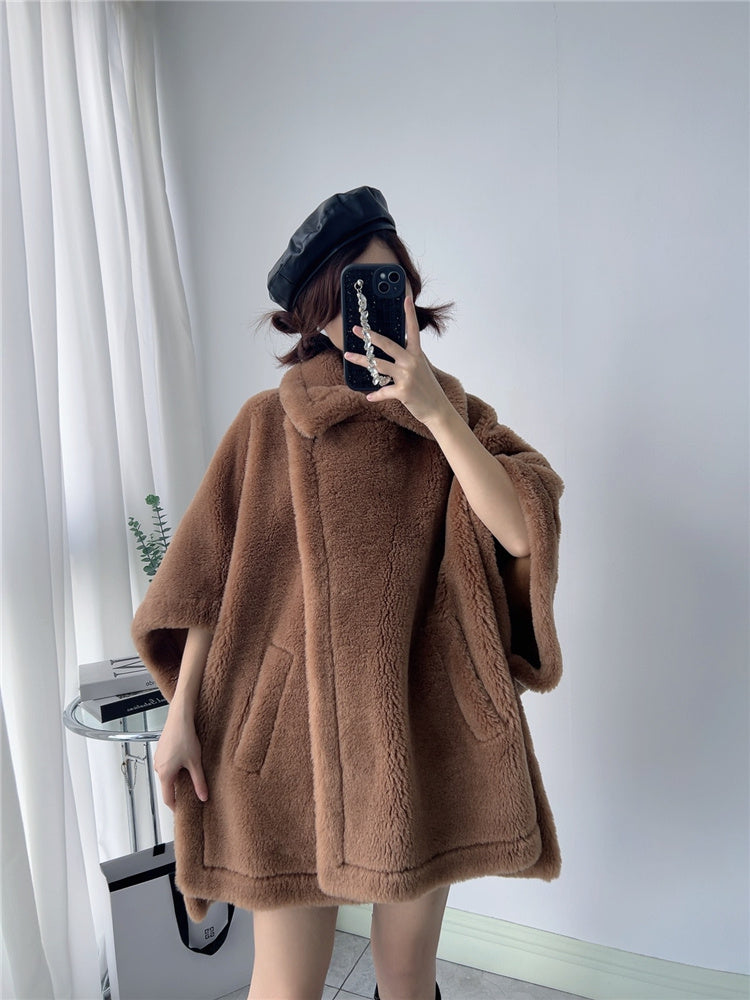 Seduction Styles Women's Mid-length Loose Batwing Sleeve Lamb Fur Coat