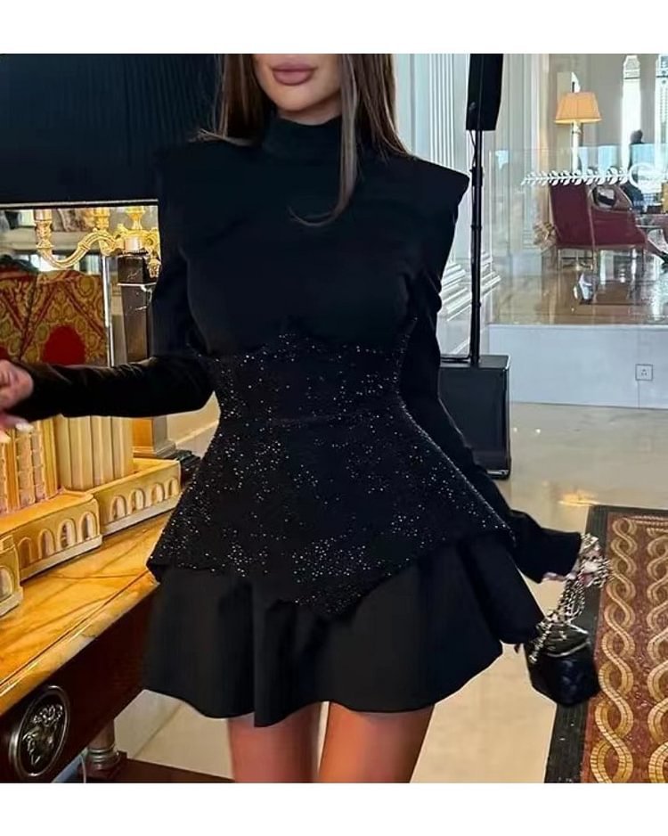 Fashion Stitching Sequins Long-sleeve Round-collar Dress