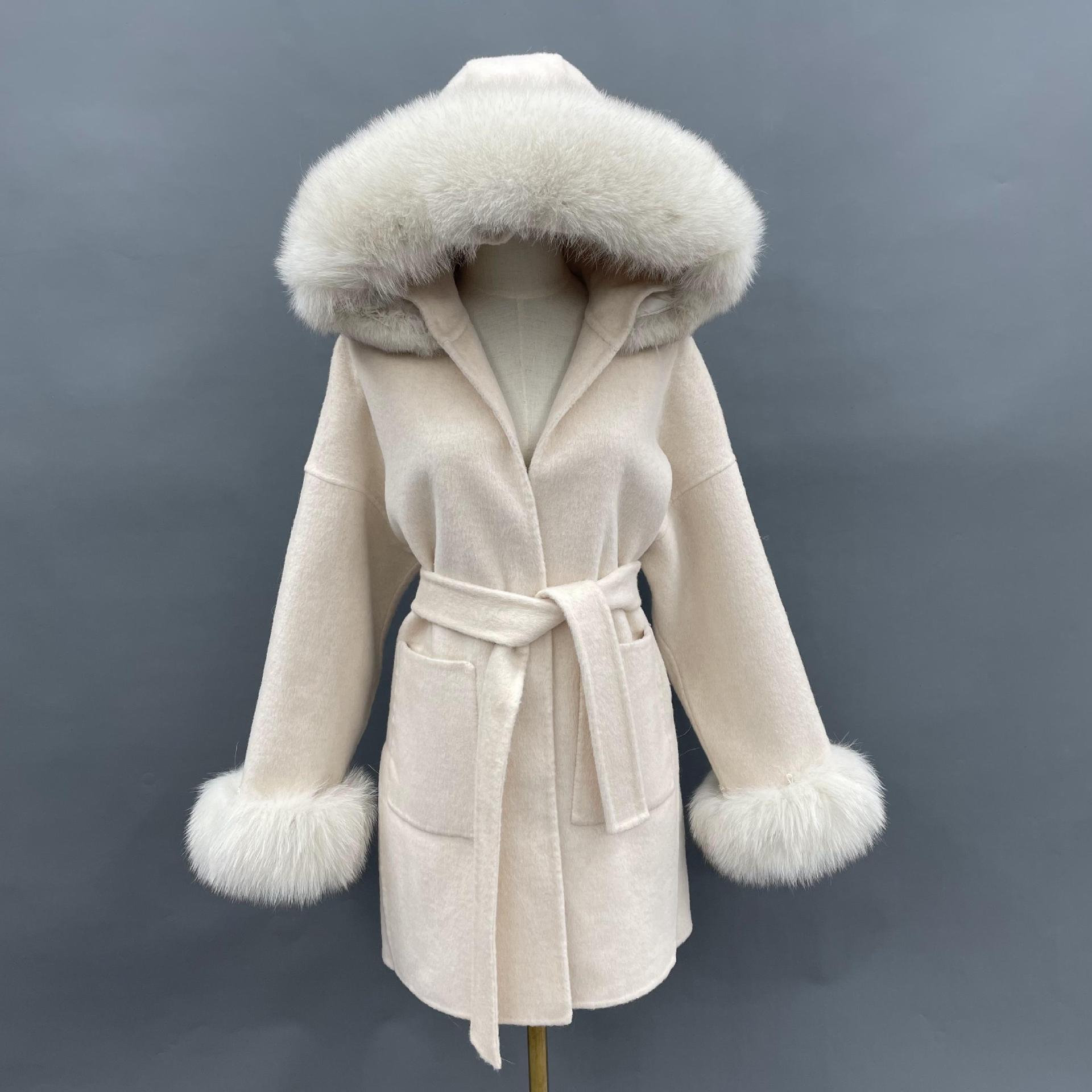 Seduction Styles Genuine Leather Fur Collar Hood Double-Sided Wool Coat