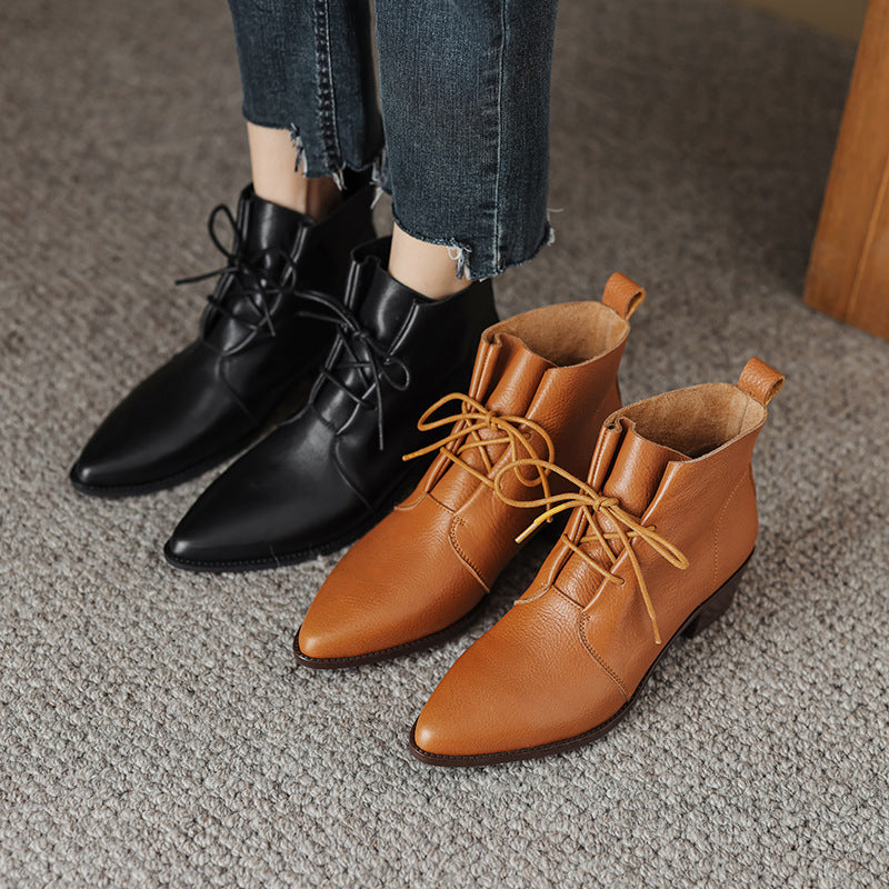 Seduction Styles Genuine Leather Pointed-Toe Lace-Up Chunky Mid Heel Cowhide Martin Boots