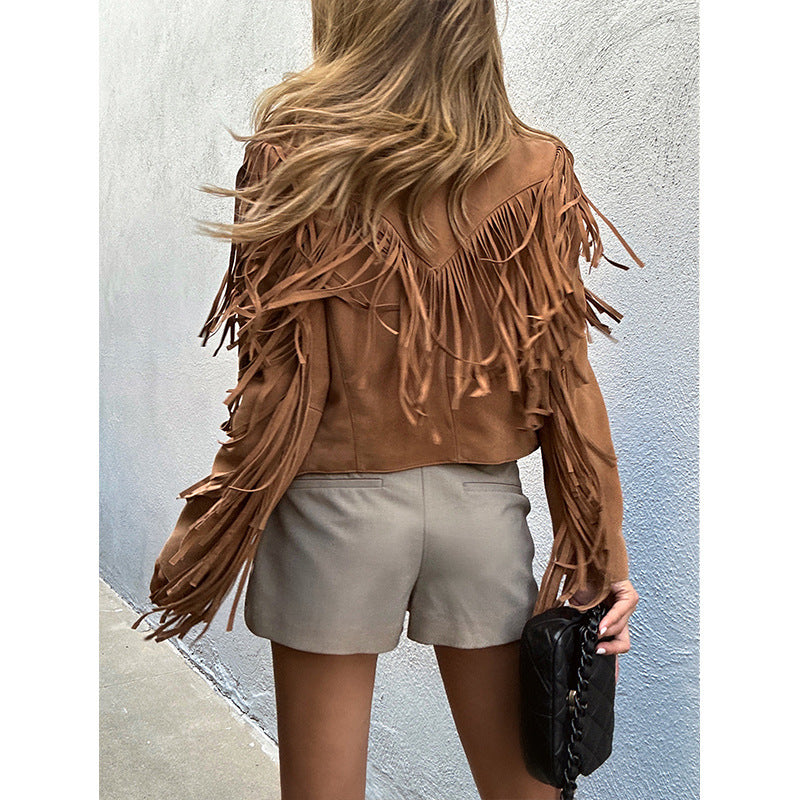 Seduction Styles Genuine Leather  Lapel Tassel Motorcycle Short Jacket