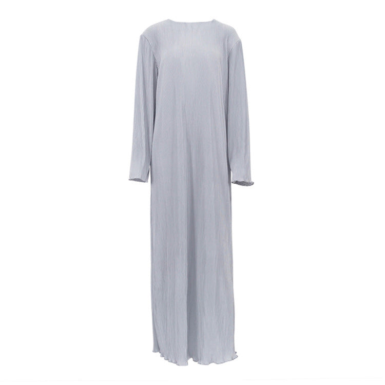 Women's Pleated Round Neck Long Sleeve Solid Color Loose Casual Dress