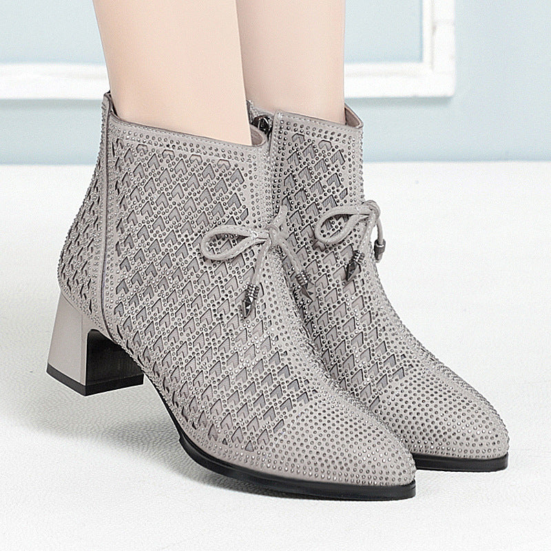 Women's Shoes Chunky Heel Mesh Boots Hollow Rhinestone High Heels