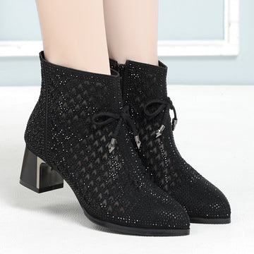 Women's Shoes Chunky Heel Mesh Boots Hollow Rhinestone High Heels