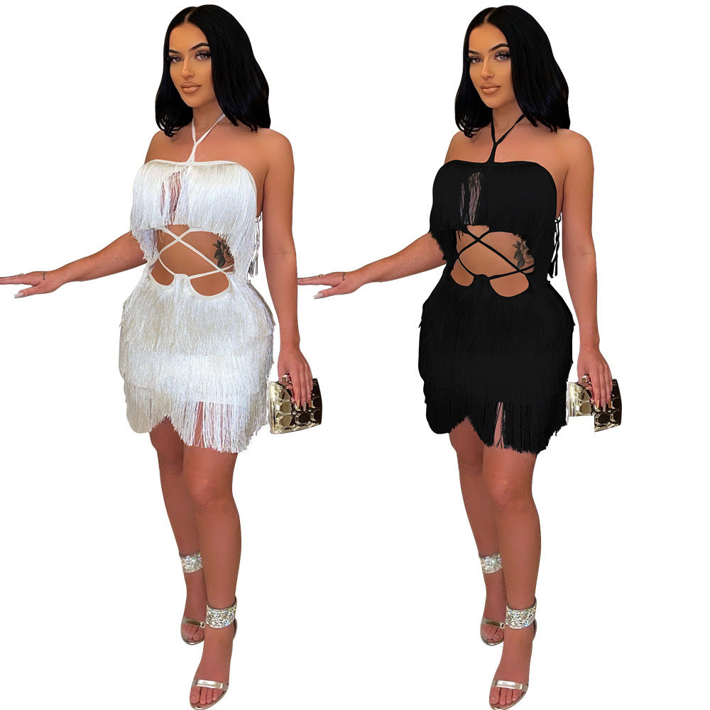 Ladies Wrap Hip Dress With Tassels In Nightclub