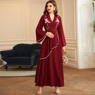 Ladies Wine Red Hair Ball Pearl Diamond Decoration Long-sleeved Dress