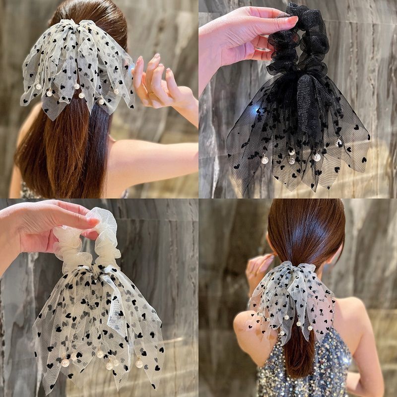 Women's Fashion Mesh Polka Dot Tassel Bead Hair Tie