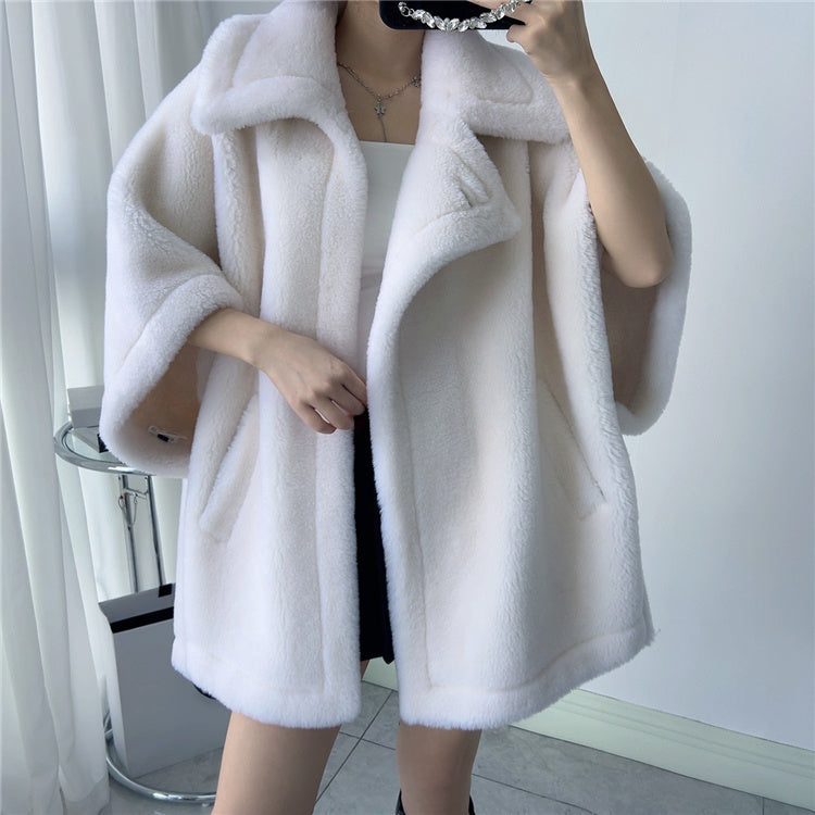 Seduction Styles Women's Mid-length Loose Batwing Sleeve Lamb Fur Coat